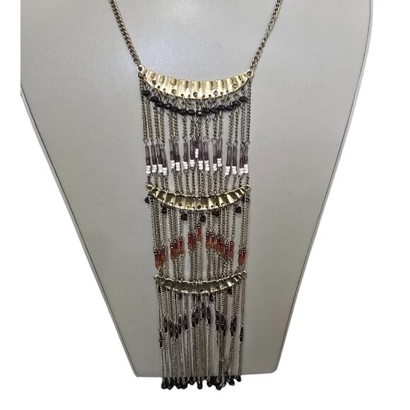 Express Women's Bohemian Brass Plated Beaded Statement Fringe Necklace NWT - Picture 2 of 5